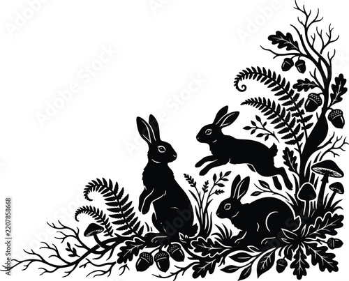 Vintage linocut rabbit corner border illustration, black woodland hare and botanical frame vignette, woodcut forest animal decorative page accent