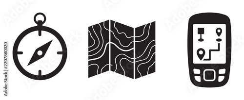 Navigation Icons Set: Compass, Topographic Map, GPS Device, Travel Planning, Outdoor Adventure, Direction Finding, Journey Symbols
