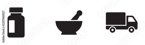 Pharmacy Icons: Medicine Bottle, Mortar and Pestle, Delivery Truck. Healthcare and Pharmaceutical Service Symbols.