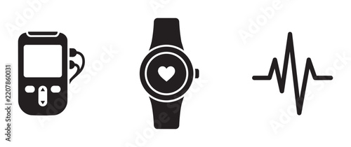 Health Monitoring Icons: Glucose Meter, Smartwatch with Heart Symbol, ECG Heartbeat Line, Medical Technology Vector Set