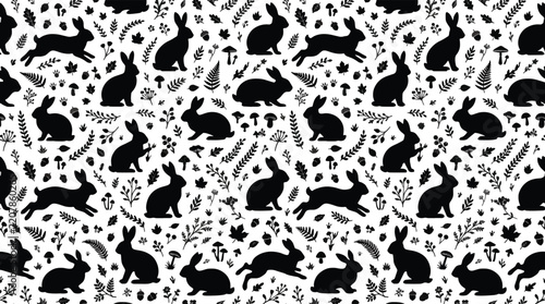 Black and White Rabbit Seamless Pattern, Cute Bunny Silhouette Vector Background, Woodland Forest Flora Textile Fabric Design