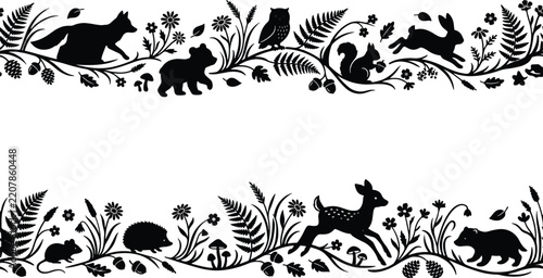 Woodland Animal Silhouette Border Vector, Black Forest Nature Frame, Seamless Floral Animals Pattern for Christmas and Craft Design