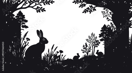 Vintage linocut rabbit vector in forest, black and white woodcut woodland hare landscape, rustic nature frame graphic for book cover