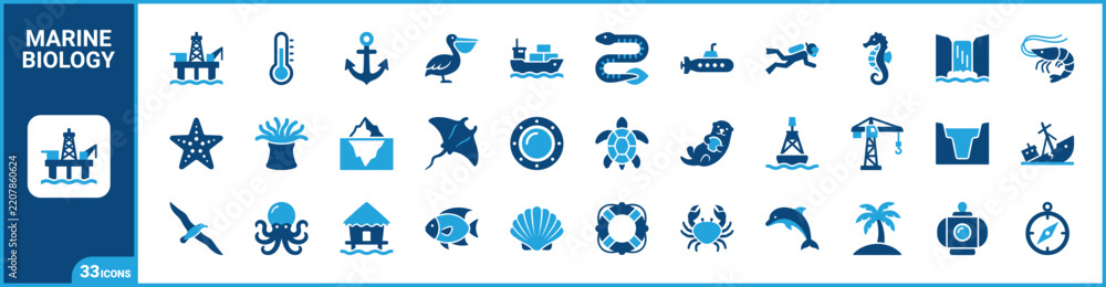 Obraz premium Ocean and marine life two-tone icon set. Filled glyph pictograms of marine biology, nautical navigation, aquatic animals, and offshore elements, blue duotone illustration.