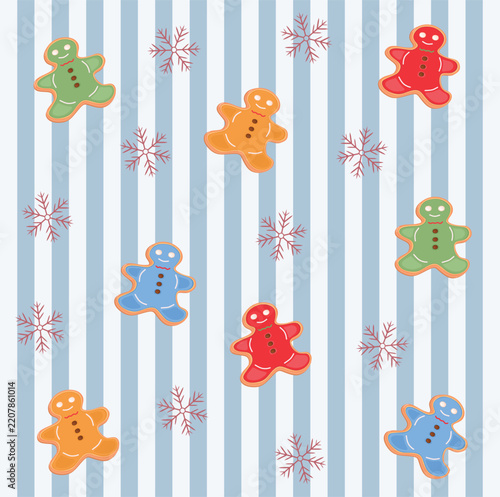 Gingerbread with cream topping snack dessert food with snowflakes decoration and blue stipes line background