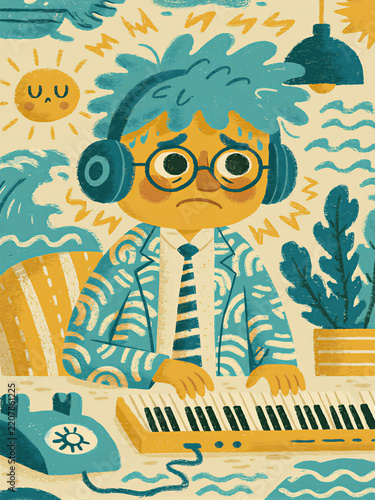 Sad young man with headphones playing keyboard in messy room