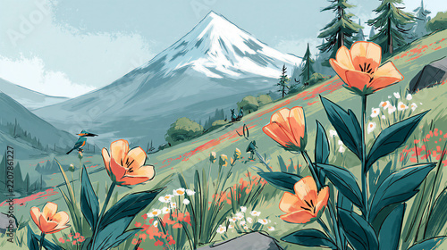 Snow capped mountain peak overlooking wildflower meadow with orange flowers