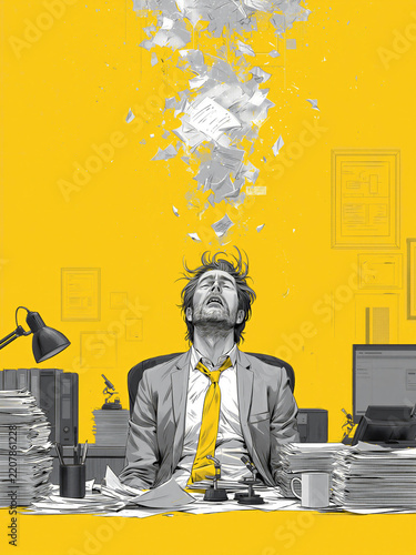 Stressed businessman overwhelmed by flying paperwork in office