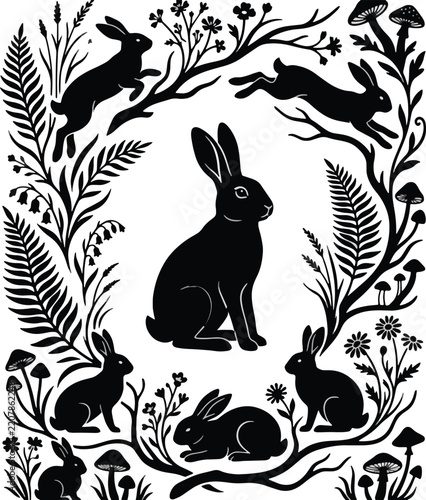 Linocut folk art rabbits in forest frame vector, vintage woodland bunny silhouette illustration, linoleum print nature border art