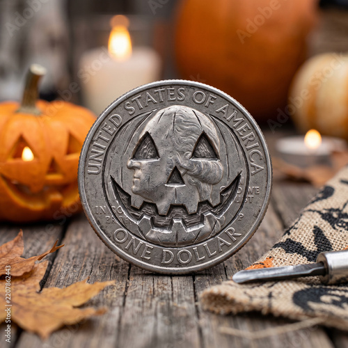 One US dollar coin carved with a spooky Halloween jack-o'-lantern face on a rustic wooden table with candles and pumpkins, creative conceptual finance and seasonal autumn holiday economy
