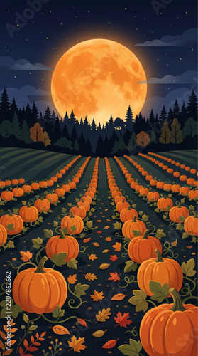 Halloween pumpkin patch under glowing full moon, autumn harvest field at night vector background, spooky pumpkin farm landscape