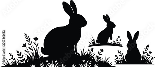 Rabbit silhouette vector illustration set, black bunny in grass and flowers clip art, Easter hare silhouette stencil vector graphic