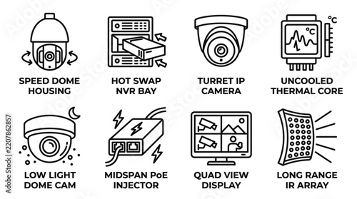 Set of surveillance camera security system hardware equipment and technology line icons with surveillance security equipment technology monitoring infrared injector protection hardware
