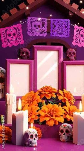 Day of the Dead Altar With Candles, Marigold Flowers, and Sugar Skulls for Ofrenda Tradition