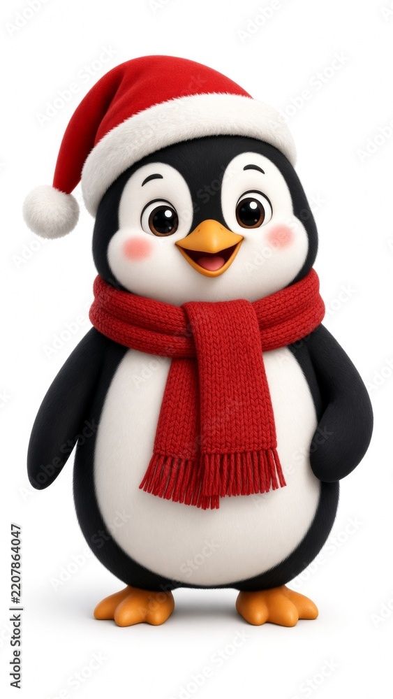 Fototapeta premium Christmas penguin wearing santa hat and red scarf, happy holiday character celebrating winter festivities