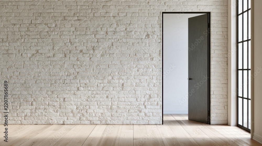 Fototapeta premium White painted brick interior wall with open dark door and large window for design, interior background, poster and architectural presentation