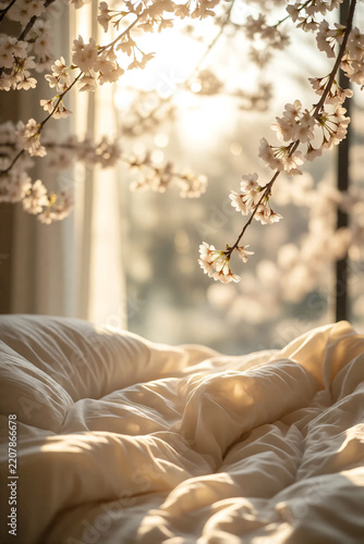 Cozy white bed with soft duvet and pillows lit by warm morning sunlight streaming through a window next to blooming cherry blossom branches in a peaceful bedroom interior setting for spring season