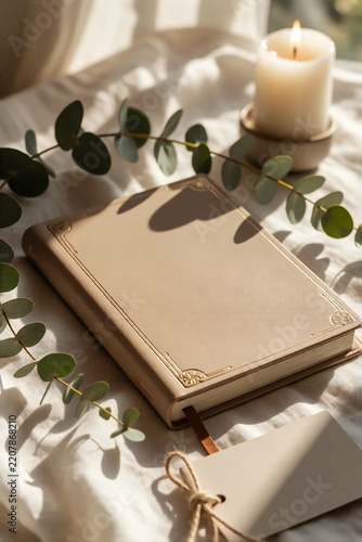 Closed book with beige cover resting on soft white fabric surface decorated with glowing candle and green eucalyptus leaves casting gentle shadows in warm interior sunlight during calm relaxation