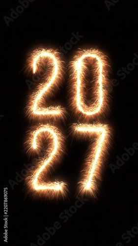 Vertical video animation of sparklers featuring the year 2027 over black background - represents the new year - vacation concept.