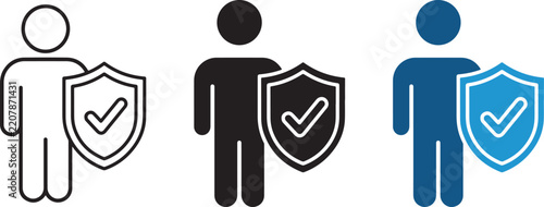 Professional set of human silhouette icons with security shields and checkmarks, showing reliable protection in bright apps.