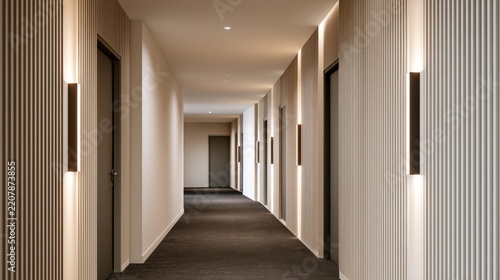 Minimalist hotel corridor with vertical slatted walls and linear wall lights for interior design background and hospitality brochure