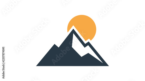 Minimalist mountain peak logo with bright sun icon vector illustration design element