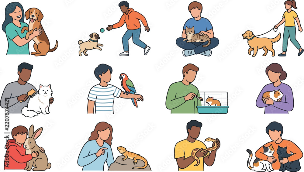 Obraz premium Diverse people interacting with various domestic pets including dogs cats birds and exotic animals