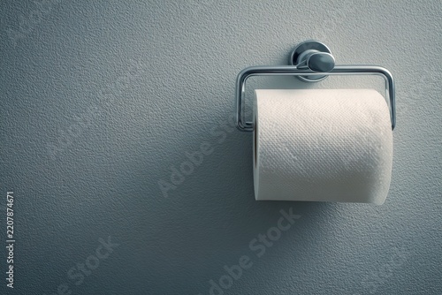White toilet paper roll on metallic chrome holder hanging on textured wall. Perfect for restroom hygiene products advertisement or bathroom interior concept
