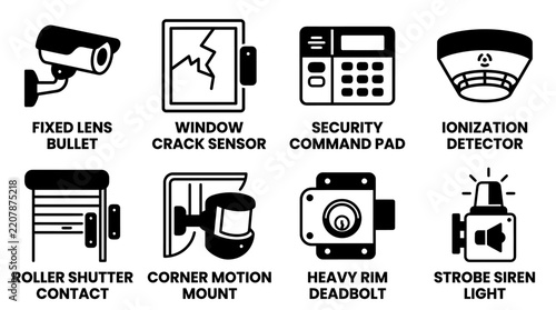 Set of home security system icons featuring cameras and sensors security monitoring protection surveillance detector electronic technology hardware wireless residential business detection