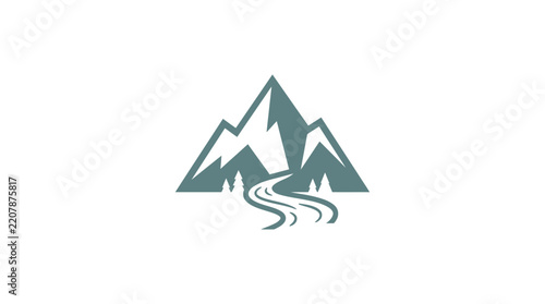 Minimalist Mountain and River Logo Design Featuring Peaks, Water Streams, and Pine Trees for Outdoor Branding