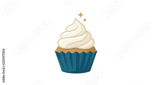 Delicious vanilla cupcake with creamy frosting in a blue paper wrapper decorated with small sparkles