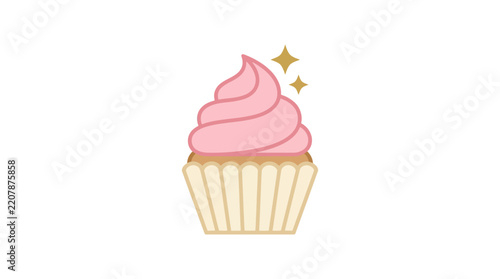 Cute pink cupcake with golden sparkle icons isolated on a clean white background for design projects