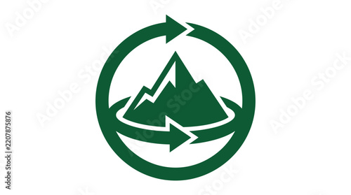 Green mountain recycling icon featuring circular arrows representing sustainability, environmental conservation, and eco-friendly practices