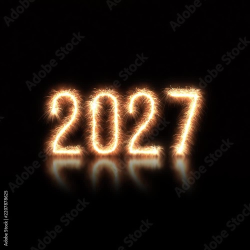 Video animation of the year 2027 in sparklers over black background on reflecting floor - represents the new year - vacation concept.