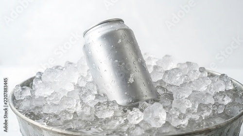 A tilted silver aluminum beverage can covered in cold water droplets resting inside a metal bowl filled with crushed ice on a white background