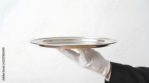 A waiter wearing a black suit and white glove holding an empty silver serving tray isolated on a plain white background, for hospitality