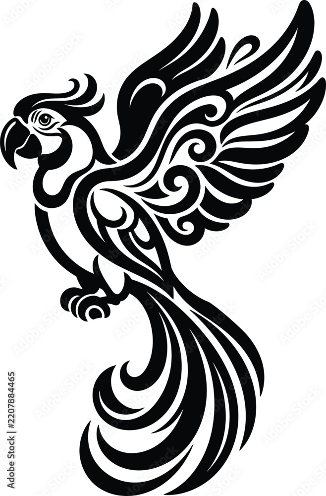 Fototapeta premium An intricate black and white tribal style art illustration of a beautiful macaw parrot depicted in a flying pose.