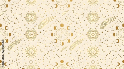 Celestial seamless pattern featuring golden constellations, sun, moon phases, and comets on a light beige background. A mystical, cosmic design.