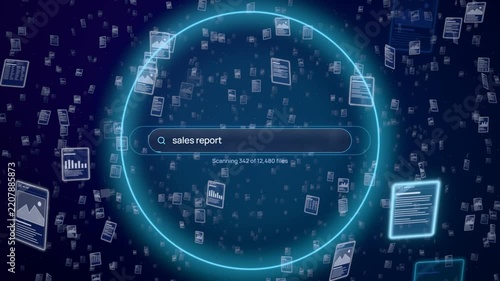 File search typing sales report as a scan highlights matching documents and pulls the found report forward