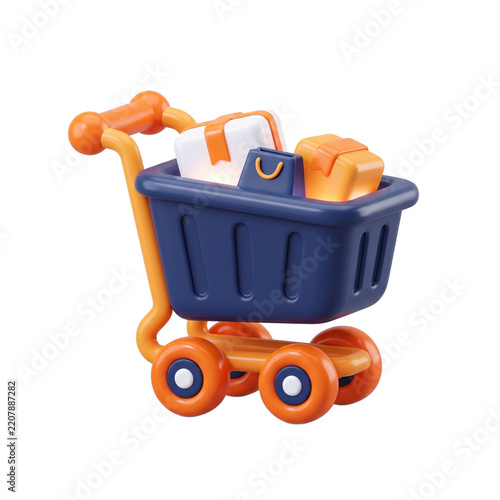3D shopping cart loaded with gift boxes, ideal for e-commerce, sale promotions, and online store icons.