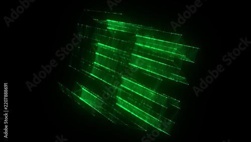 Abstract green cube with connecting dots and lines. Big data visualization. Blockchain technology concept. Wireframe network connection structure. 3d rendering.