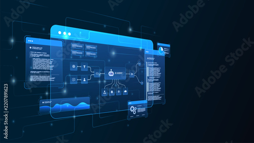 AI workflow automation artificial intelligence. futuristic ai system architecture and automation workflow visualization with code panels, connected modules, and data pipelines.