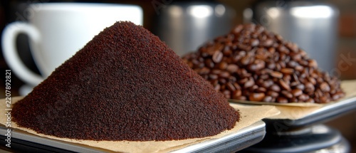 Coffee grounds in two different coarseness levels on digital scales in a kitchen setting with natural light