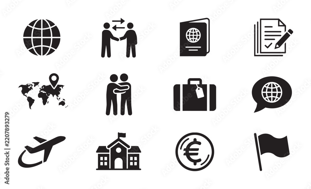 Obraz premium Travel and Business Icons: Globe, Passport, Suitcase, Airplane, World Map, Handshake, Euro Coin