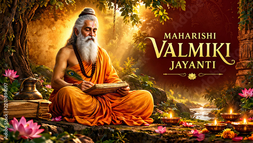 Maharishi Valmiki Jayanti Celebration Featuring Sage Valmiki Meditating Amidst Traditional Spiritual