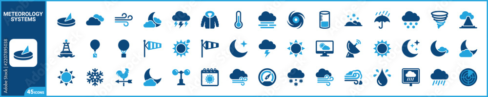 Obraz premium Weather and meteorology two-tone icon set. Filled glyph pictograms of climate, atmospheric, temperature, and forecasting elements, blue duotone illustration.