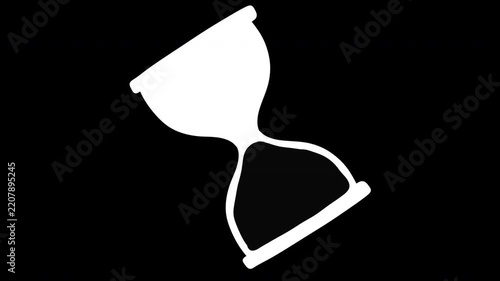 Animated white hand drawn hourglass icon isolated on black background in minimal style sandglass clock timer animation for loading, waiting, business concept or countdown design element.