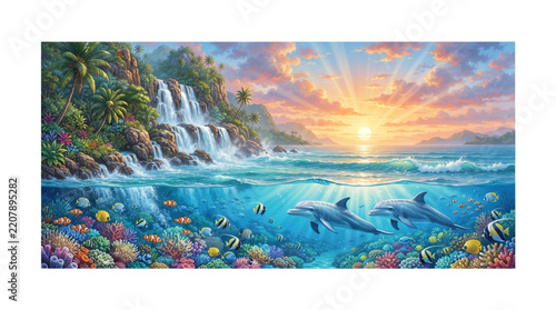 Tropical paradise island landscape with cascading waterfall coral reef dolphins colorful fish palm trees and sunset isolated on white background