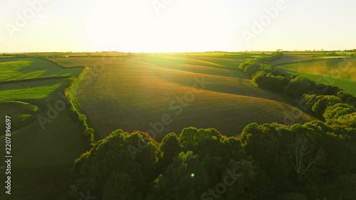Sunset over rolling agricultural fields with hedgerows and woodland. Low sunlight across cultivated farmland. Rural countryside with green fields, long shadows and trees along field boundaries