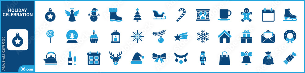 Obraz premium Christmas two-tone icon set. Filled glyph pictograms of festive, holiday, winter, and celebration elements, blue duotone illustration.